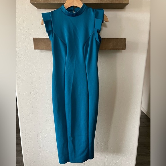 ASOS|Teal Midi high neck pencil dress with cut out back and shoulder detail••• - Picture 5 of 14